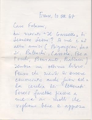 Lettera autografa firmata inviata al poeta e giornalista Enzo Fabiani. Datata 10 ottobre 1967