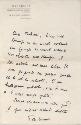 Lettera autografa firmata inviata al poeta e giornalista Enzo Fabiani. Non datata