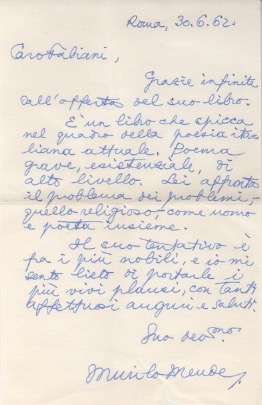 Lettera autografa firmata inviata al poeta e giornalista Enzo Fabiani. Datata 30 giugno 1962