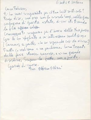 Breve lettera autografa firmata inviata al poeta e giornalista Enzo Fabiani. Datata 6 settembre 1959