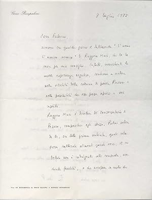 Lettera autografa firmata inviata al poeta e giornalista Enzo Fabiani. Datata 8 luglio 1985