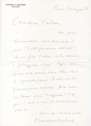 Lettera autografa firmata inviata al poeta e giornalista Enzo Fabiani. Datata 14 luglio 1968