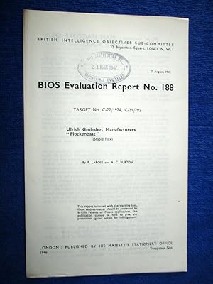 Bild des Verkufers fr BIOS Evaluation Report No.188. Ulrich Gminder, Manufacturers Flockenbast (Staple Flax.) Target No. C-22/1974, C-31/792 British Intelligence Objectives Sub-Committee. zum Verkauf von Tony Hutchinson