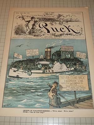 Seller image for 1880 Puck Lithograph Cover of "The Never-Come-Back" Excursion Line" - Over Crowed Steamboats - The Sarcophagus for sale by rareviewbooks