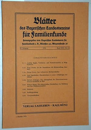 Image du vendeur pour Bltter des Bayerischen Landesvereins fr Familienkunde. - 39. Jahrgang, Band XIII, Nummer Nr. 1/2. mis en vente par Versandantiquariat Kerstin Daras