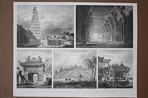Grosse Pagode, Madura, Schanhai, Java, Tong-Chou, Stahstich um 1850 mit fünf Einzelabbildungen, B...