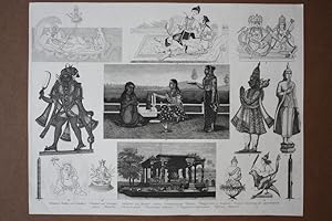 Brahma, Vischnu und Lakschmi, Religion, Götter, Stahlstich um 1860 mit 14 Einzelabbildungen, Blat...