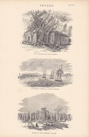 Ceylon, Sri Lanka, Pollanarrua, Paumbam Passage, Brazen Palace, Holzstich um 1865 mit drei Einzel...