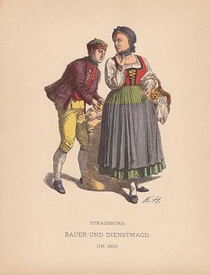 Strassburg Bauer und Dienstmagd um 1800, altkoloriierter Holzstich um 1898 von Friedrich Hottenro...