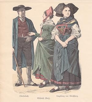 Oberseebach, Aschbach, Umgebung von Straßburg, Trachten, Kostüm, altkolorierter Holzstich um 1890...