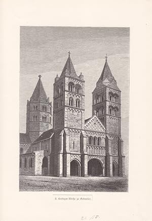 S. Leodegar, Kirche zu Gebweiler, Guebwiller, Saint-Léger, Holzstich um 1875 mit Aufriss der Kirc...