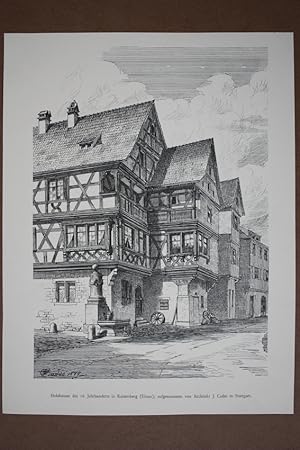 Holzhäuser des 16. Jahrhunderts in Kaisersberg, Holzstich um 1889 nach J. Cades, Blattgröße: 32,5...