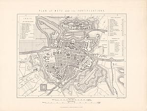 Plan of Metz and its fortifications, Stadtplan, Stahlstich um 1875 von R. Walker, Blattgröße: 19,...