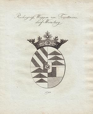 Imagen del vendedor de TRAUTTMANNSDORF-WEINSBERG: Reichsgrfl. Wappen von Trauttmannsdorf-Weinsberg (1798). Kupferstiche bei Tyroff, Nrnberg. Ca. 1786-1820. Meist datiert (Jahreszahl jeweils nach den Titel angegeben). Plattengrsse: je ca. 16 x 19 cm. Blattgrsse: je ca. 20 x 23 cm. Jeweils unter Passepartout. Je 40,- EUR. - Bitte bei Bestellung das gewnschte Blatt angeben! a la venta por Carl Adler's Buch- und Graphikkabinett