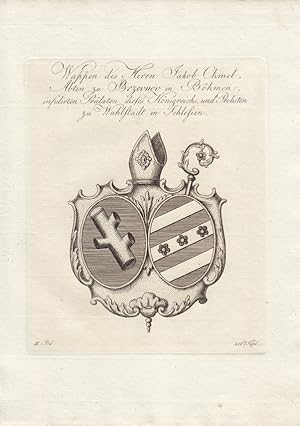 Imagen del vendedor de BREVNOV UND WAHLSTADT: Wappen des Herrn Jakob Chmel, Abt. (um 1810). Kupferstiche bei Tyroff, Nrnberg. Ca. 1790-1810. Meist datiert (Jahreszahl jeweils nach dem Titel angegeben). Plattengrsse: je ca 18 x 15 cm. Blattgre: je ca. 24 x. 20 cm. Jeweils unter Passepartout. - Je 35,- EUR. - Bitte bei Bestellung das gewnschte Blatt angeben! a la venta por Carl Adler's Buch- und Graphikkabinett