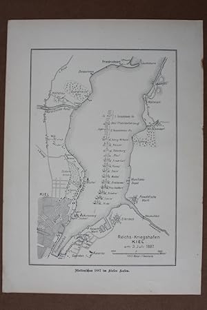 Flottenschau 1887 im Kieler Hafen, Lithographie um 1887 mit eingezeichneten Schiffen auf Kieler F...