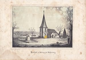 Kirchhof zu Satrup in Schleswig, teilkolorierte Lithographie um 1840 von Oeser in Borna, Blattgrö...