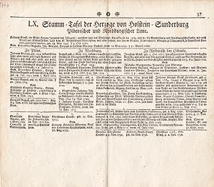 Stamm-Tafel, Herzog Holstein-Gunderburg, Plöenische u. Nordburgische Linie, Kupferstich um 1740 m...