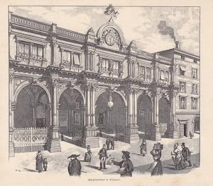 Hauptbahnhof in Stuttgart, Hauptfassade, Holzstich um 1880, Blattgröße: 18,5 x 21,3 cm, reine Bil...