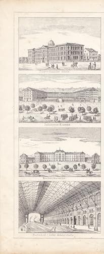 Stuttgart, Polytechnische Schule, Infanterie Kaserne, Reiterkaserne, Bahnhof, Lithographie um 185...