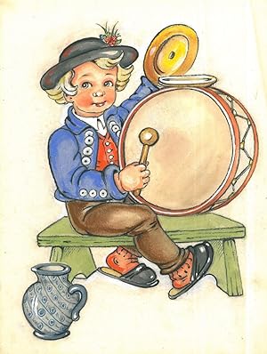 MUSIK. - Trommel. Ein Junge sitzt auf einer Bank und spielt Trommel.