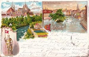 Bild des Verkufers fr Zwei Ansichten (Dom v. Westen, An der Schlsserbrcke). Ansichtskarte in Farblithographie. Abgestempelt Erfurt 21.10.1898. zum Verkauf von Antiquariat Heinz Tessin