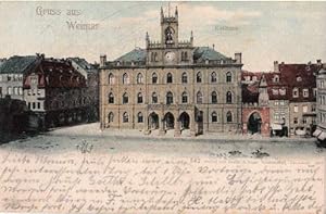 Imagen del vendedor de Gruss aus Weimar. Rathaus. Ansichtskarte in farbigem Lichtdruck. Rckseite beschrieben und bekritzelt, aber nicht gelaufen. a la venta por Antiquariat Heinz Tessin