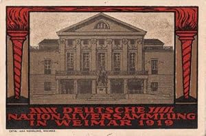 Bild des Verkufers fr Deutsche Nationalversammlung in Weimar 1919. Farbige Ansichtskarte nach einem Entwurf von Max Nehrling. Ungelaufen, Rckseite mit am 16.07.1919 abgestempelter Briefmarke (Michel Nr. 109). zum Verkauf von Antiquariat Heinz Tessin