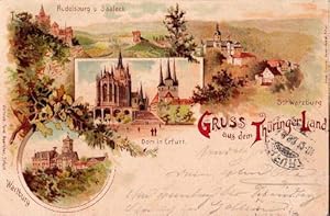 Seller image for Gruss aus dem Thringer Land. Drei Ansichten (Schwarzburg, Dom in Erfurt, Wartburg). Ansichtskarte in Farblithographie. Abgestempelt Oschersleben 03.06.1898. for sale by Antiquariat Heinz Tessin