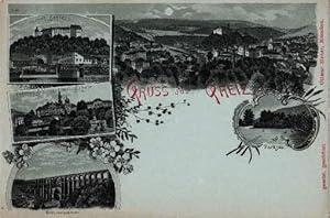 Imagen del vendedor de Gruss aus Greiz. Fnf Ansichten (Oberes Schloss, Gesamtansicht, Parksee, Unteres Schloss mit Schule, Gltzschthalbrcke). Ansichtskarte in blulicher Photolithographie. Ungelaufen. a la venta por Antiquariat Heinz Tessin