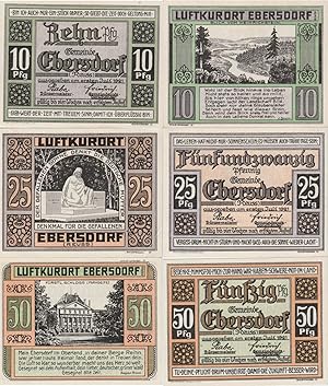 Notgeld der Gemeinde Ebersdorf. Drei Scheine über 10, 25, und 50 Pfennig.