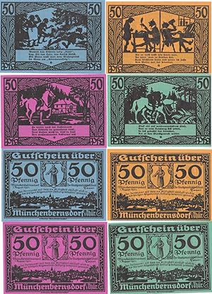 5 farbige Gutscheine der Stadtgemeinde Münchenobernsdorf i. Thür. über 50 Pfennig.