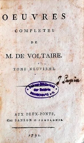 Oeuvres completes de M. de Voltaire. Tome neuvième (9): Le dépositaire, comédie de société. Jouée...