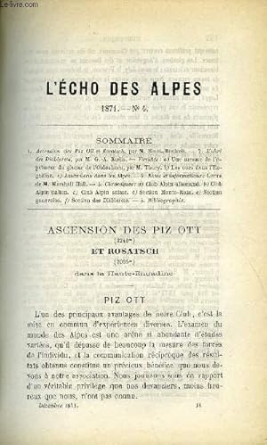 Bild des Verkufers fr L'ECHO DES ALPES - PUBLICATION DES SECTIONS ROMANDES DU CLUB ALPIN SUISSE N4 - SOMMAIRE1. Ascension des Piz Ott et Rosatsch, par M. Binet-Hentsch.   2. L abri des Diablerets, par M. G.-A. K lla.   Varits : a) Une mesure de l paisseur du glacier zum Verkauf von Le-Livre