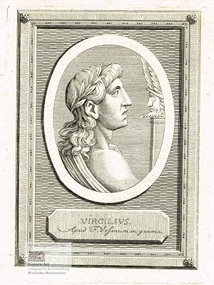 Seller image for Virgilius. Apud F. Ursinum in gemma. Portrtbste des Dichters Vergil mit Lorbeerkranz und Toga im Oval nach halbrechts. Kupferstich von Riegel bei Brglen 1780 for sale by historicArt Antiquariat & Kunsthandlung