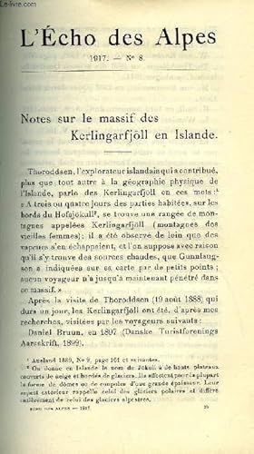 Seller image for L'ECHO DES ALPES - PUBLICATION DES SECTIONS ROMANDES DU CLUB ALPIN SUISSE N8 - NOTES SUR LE MASSIF DES KERLINGARFJLL EN ISLANDE PAR PAUL LOUIS BADER, JULES CHAVANNES PAR A. MUSSARSD, APPEL PAR Dr P. LADAME for sale by Le-Livre