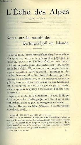 Bild des Verkufers fr L'ECHO DES ALPES - PUBLICATION DES SECTIONS ROMANDES DU CLUB ALPIN SUISSE N8 - NOTES SUR LE MASSIF DES KERLINGARFJLL EN ISLANDE PAR PAUL LOUIS BADER, JULES CHAVANNES PAR A. MUSSARSD, APPEL PAR Dr P. LADAME zum Verkauf von Le-Livre