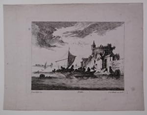 Bild des Verkufers fr Three fishing-boats near ruins on shore. zum Verkauf von Gert Jan Bestebreurtje Rare Books (ILAB)