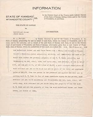 1920 TYPEWRITTEN ARREST REPORT, STATE OF KANSAS VS. McCLELLAND FARMER AND JESSE OWNES