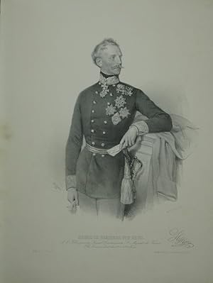 Bild des Verkufers fr Portrt / Portrait. Dreiviertelfigur en face in Uniform mit Orden, sein linker Ellbogen auf ein Mbel gesttzt. Lithographie von Joseph Kriehuber, unten mit Bezeichnung und faksimilierter Signatur. zum Verkauf von Antiquariat  Braun