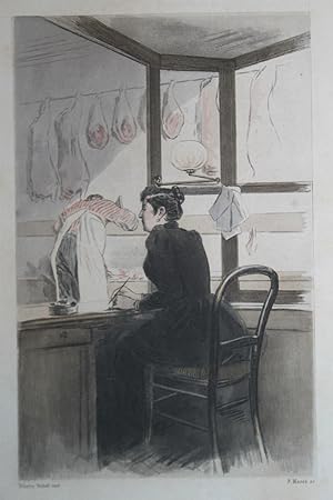 Eau-forte aquarelle pochoir La Femme à Paris - DAME DE CAISSE (dans une boucherie)