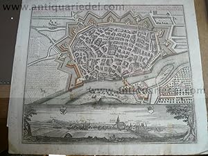 Ulm, anno 1740, Plan+Panorama, Seutter M., altkoloriert, selten