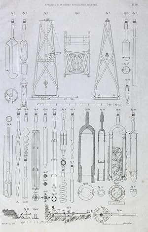 "Apparate zum Bohren artesischer Brunnen" originale Feder-Lithographie auf Papier/paper ca.41x26c...