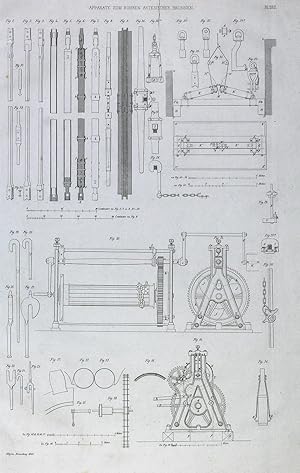 "Apparate zum Bohren artesischer Brunnen" originale Feder-Lithographie auf Papier/paper ca.41x26c...