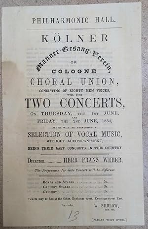 Concert flyer produced by William Sudlow, Liverpool, to order tickets for two concerts. Philharm...