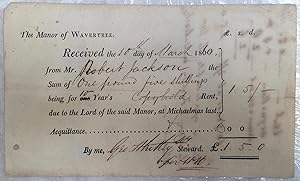 Seller image for Manor of Wavetree printed rent 1860 receipt, site of new Blue Coat School (?).  The Manor of Wavetree  Receipt for 1.5.0d from Robert Jackson, March 25 1860. for sale by Joseph Burridge Books