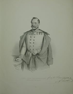 Imagen del vendedor de Portrt / Portrait. Dreiviertelfigur en face in Uniform mit Umhang. Lithographie von Joseph Kriehuber, unten mit Bezeichnung "Franz Graf Schaaffgottsche" und Signaturfaksimile. a la venta por Antiquariat  Braun