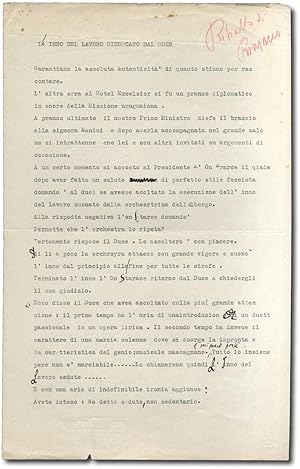 Seller image for Pagina dattiloscritta con correzioni probabilmente autografe del Duce. for sale by Libreria Antiquaria Pregliasco