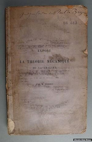 Bild des Verkufers fr Expos de la thorie mcanique de la chaleur, prsent  la Socit chimique de Paris le 7 et 21 fvrier 1862 zum Verkauf von Librairie Alain Brieux