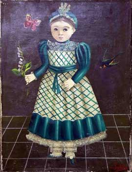 Portrait of a a Girl in a Green checked Dress with Bird and Butterfly